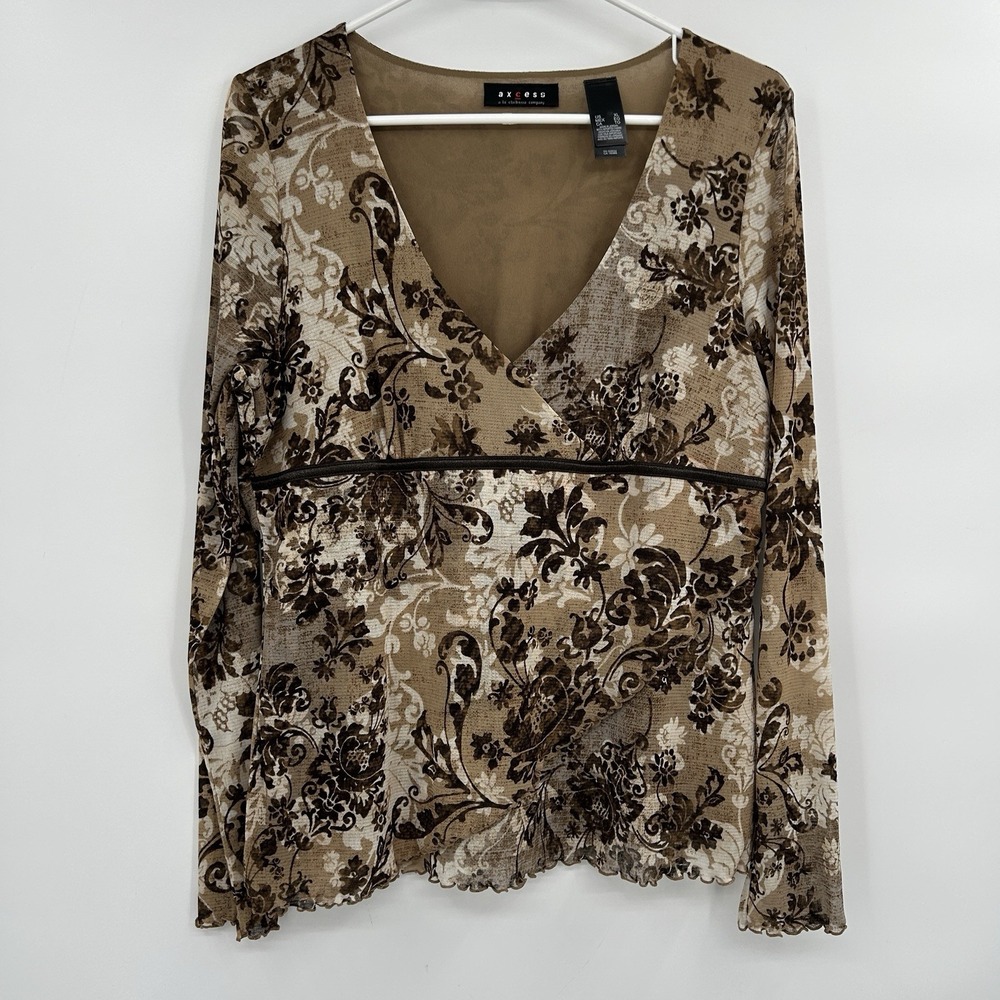 Vintage Y2K Axcess Brown Floral Mesh Top XL Fairy Grunge Indie Sleaze Whimsigoth